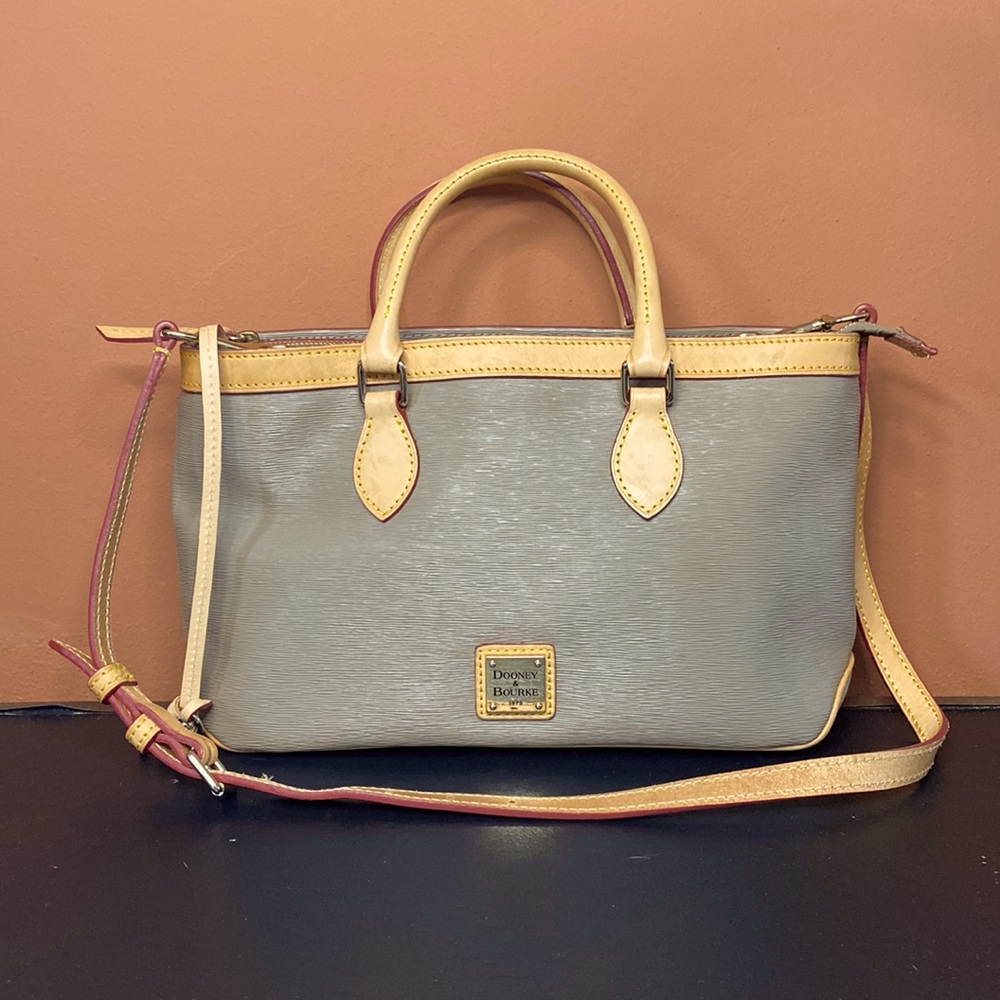 Midsize Textured Leather Taupe Gray w/ Tan Trim Dooney & Bourke crossbody bag